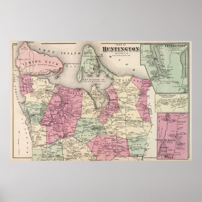 Poster Mapa Vintage de Huntington NY (1873) (Frente)
