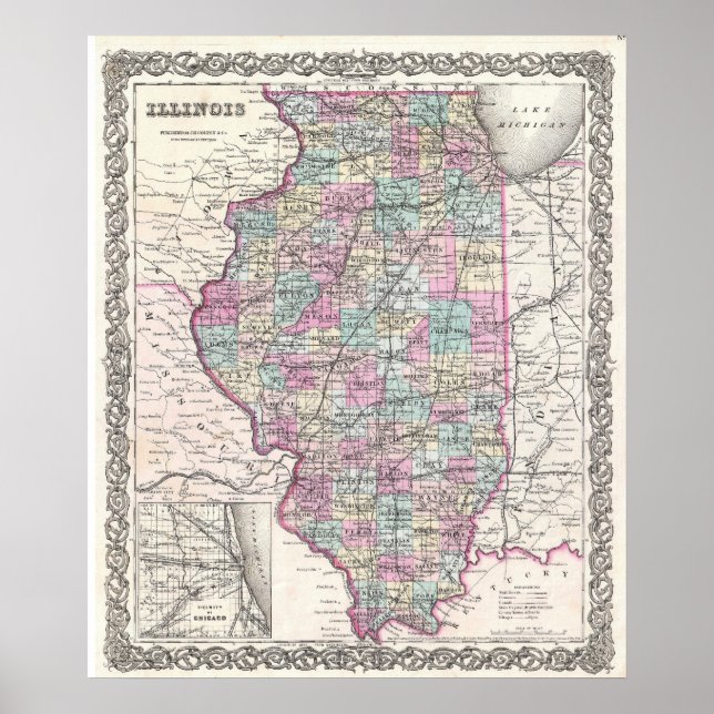 Póster Mapa Vintage de Illinois (1855) (Frente)