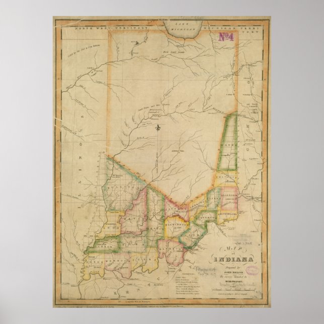 Poster Mapa Vintage de Indiana (1817) (Frente)