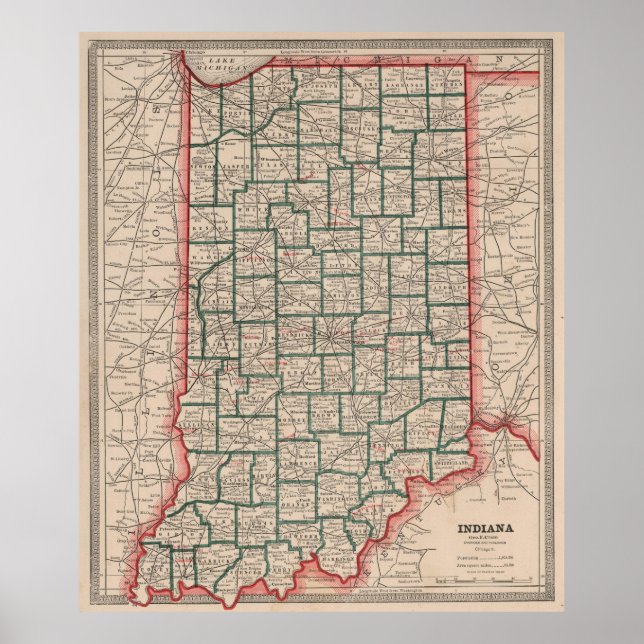Poster Mapa Vintage de Indiana (1883) (Frente)