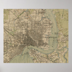 Póster Mapa Vintage de Jacksonville Flórida (1917)