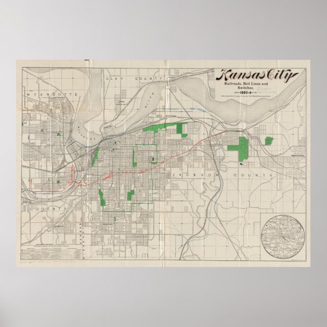 Póster Mapa Vintage de Kansas City (1893) (Frente)