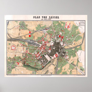 Poster Mapa Vintage de Kassel Alemanha (1878)
