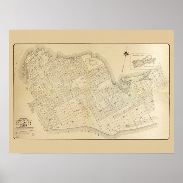 Póster Mapa Vintage de Key West Florida (Frente)