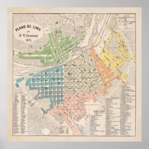 Poster Mapa Vintage de Lima no Peru (1872)