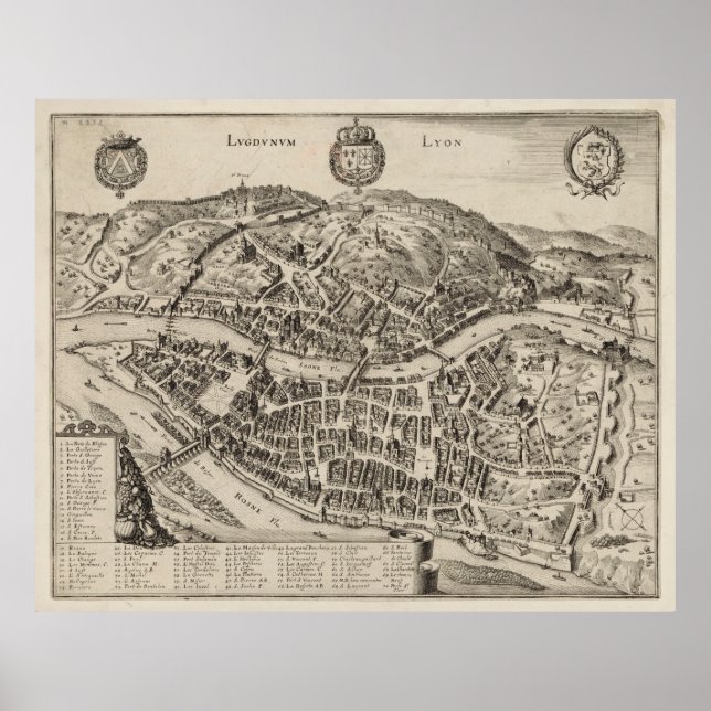 Poster Mapa Vintage de Lyon França (1600) (Frente)