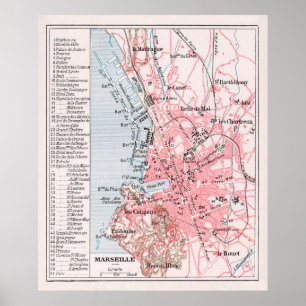 Poster Mapa Vintage de Marselha França (1900)