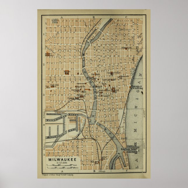 Poster Mapa Vintage de Milwaukee WI (1904) (Frente)