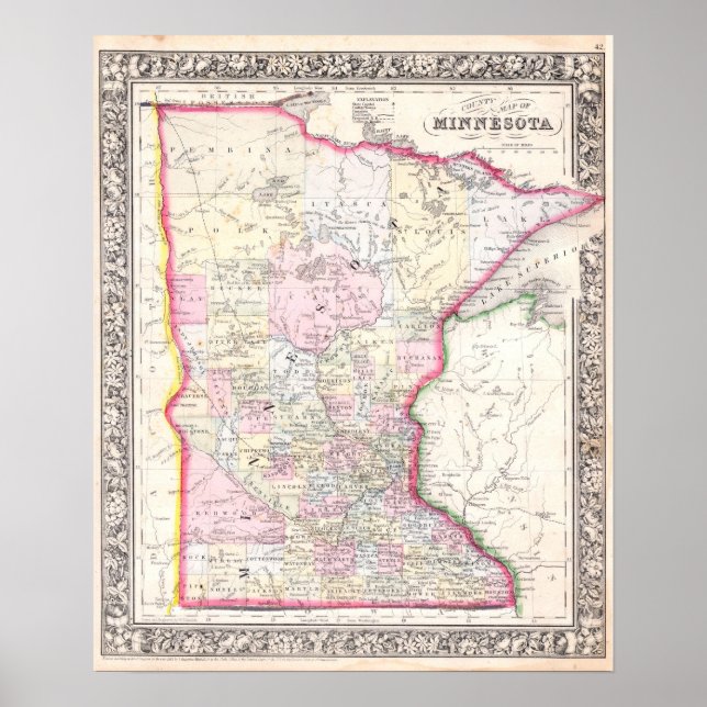 Poster Mapa Vintage de Minnesota, 1864 (Frente)