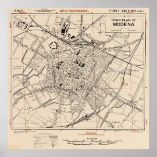 Poster Mapa Vintage de Modena Itália (1943)