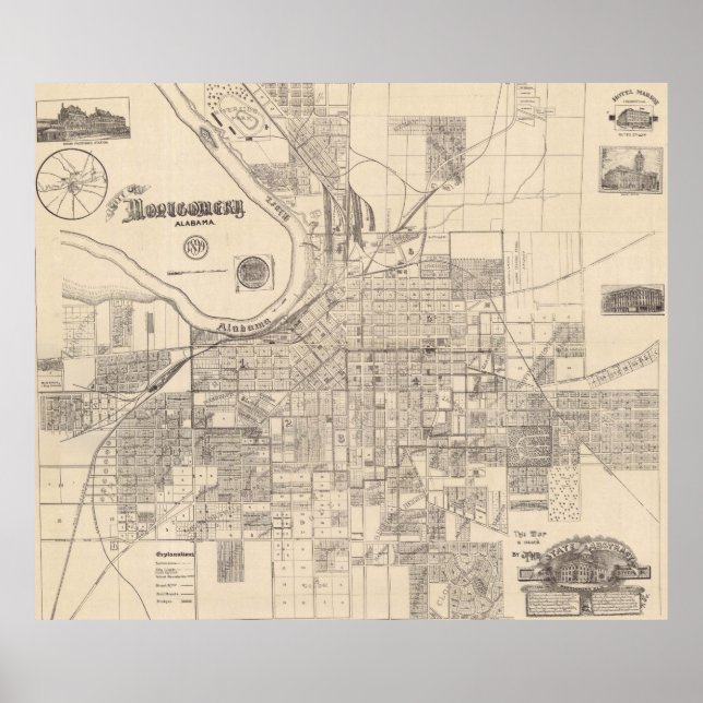 Póster Mapa Vintage de Montgomery Alabama (1899) (Frente)