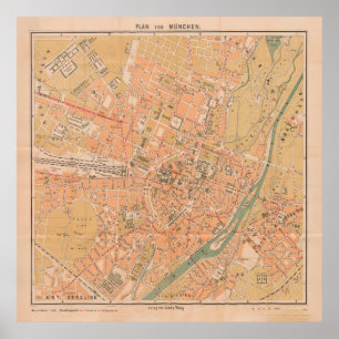 Poster Mapa Vintage de Munique Alemanha (1890)