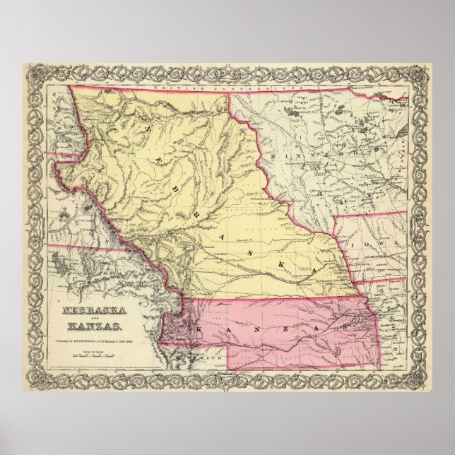 Poster Mapa Vintage de Nebraska e Kansas (1856) (Frente)