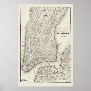 Poster Mapa Vintage de Nova Iorque e Brooklyn, 1860