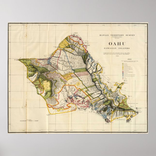 Poster Mapa Vintage de Oahu Hawaii (1906) (Frente)