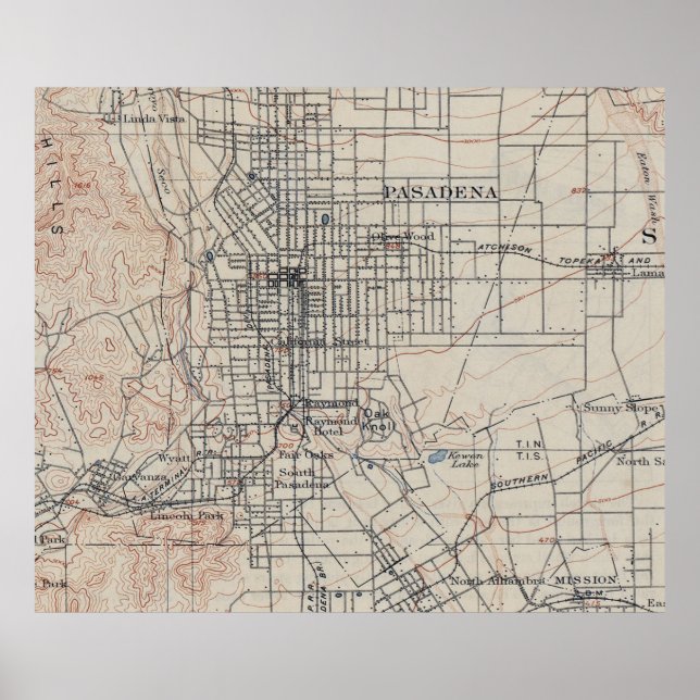 Póster Mapa Vintage de Pasadena California (1894) (Frente)