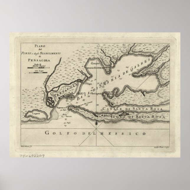 Póster Mapa Vintage de Pensacola Florida (1763) (Frente)