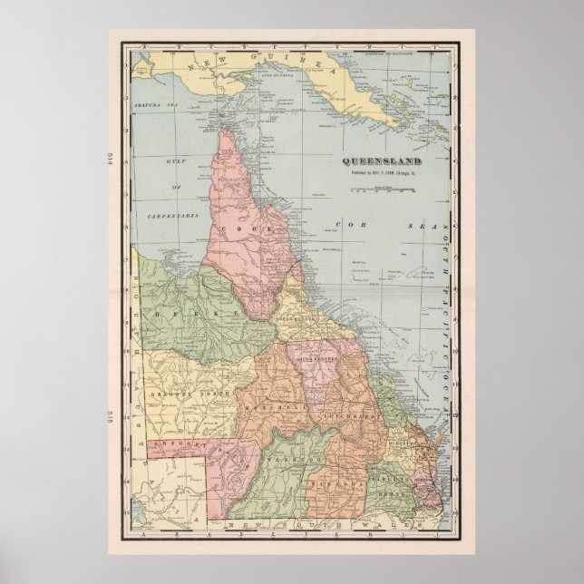 Poster Mapa Vintage de Queensland Austrália (1901) (Frente)