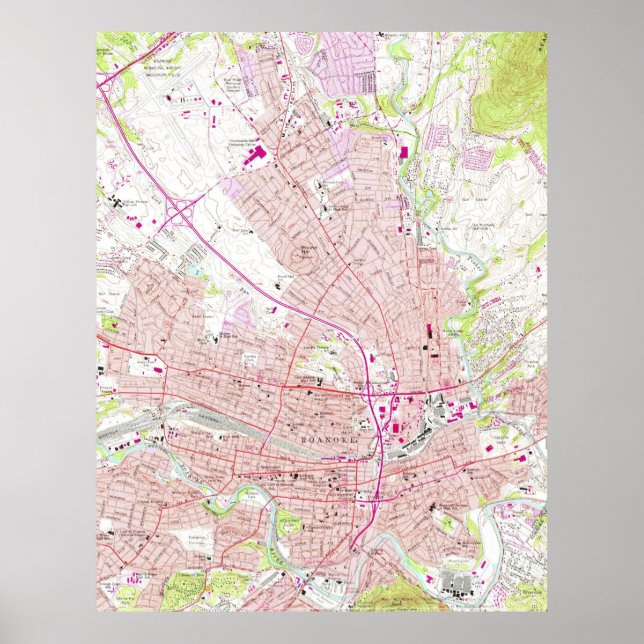 Póster Mapa Vintage de Roanoke Virginia (1963) (Frente)