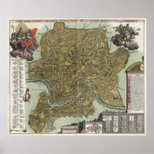 Poster Mapa Vintage de Roma Itália (1716)