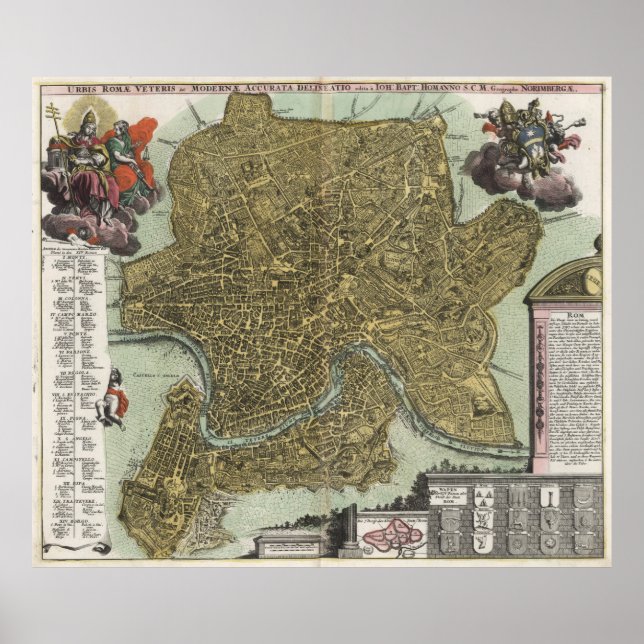 Poster Mapa Vintage de Roma Itália (1716) (Frente)