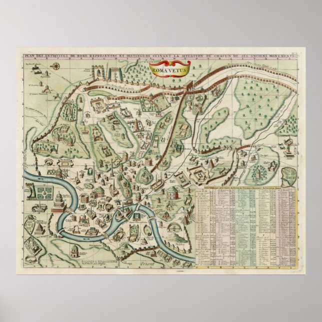 Poster Mapa Vintage de Roma Itália (1719) (Frente)
