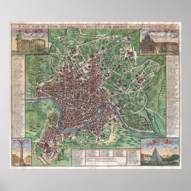 Poster Mapa Vintage de Roma Itália (1721) (Frente)