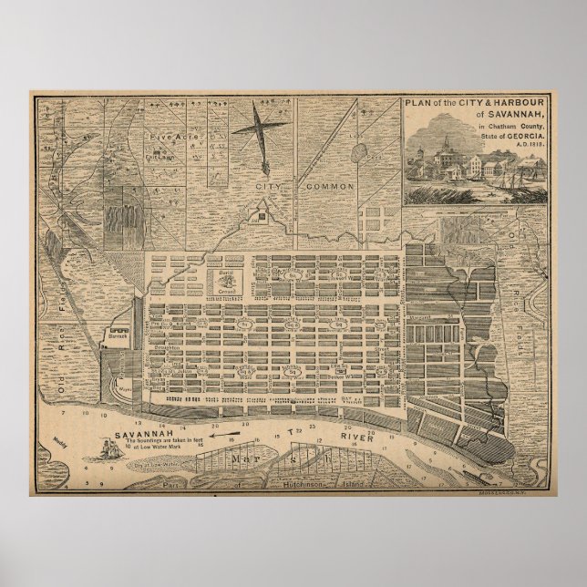 Poster Mapa Vintage de Savannah Georgia (1818) (Frente)
