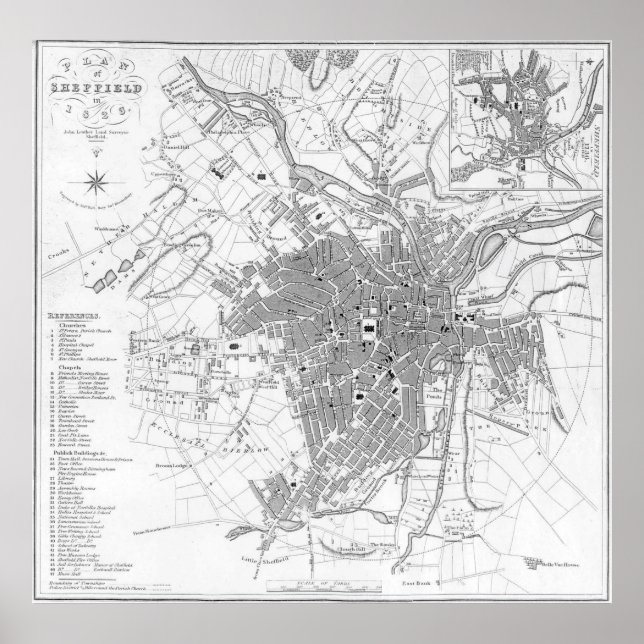 Póster Mapa Vintage de Sheffield England (1823) (Frente)