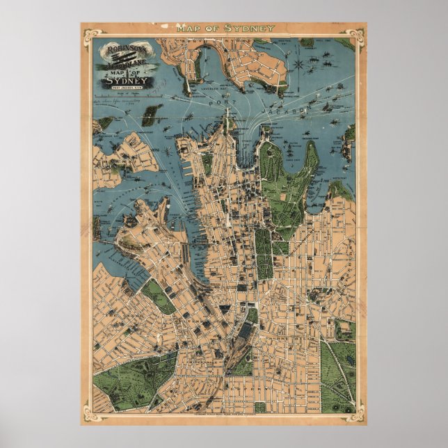 Póster Mapa Vintage de Sydney, Austrália (1922) (Frente)