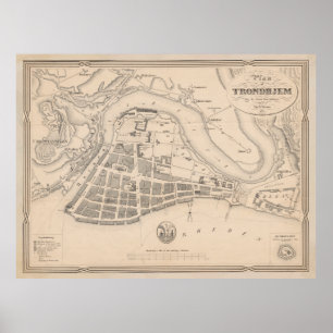 Poster Mapa Vintage de Trondheim Norway (1842)