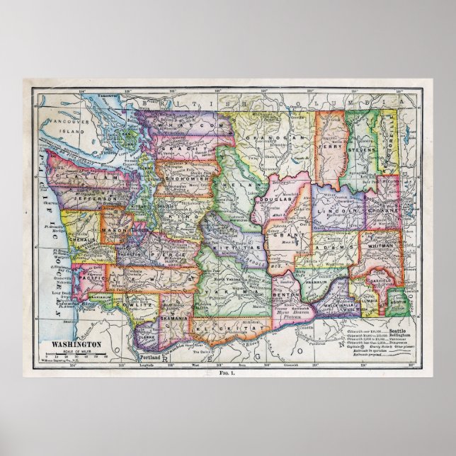 Póster Mapa Vintage de Washington (Frente)