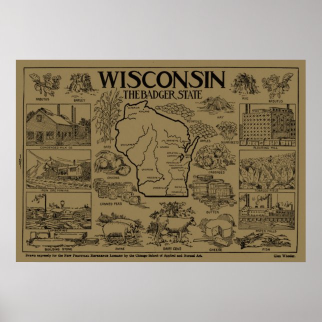 Poster Mapa Vintage de Wisconsin (1912) - Tan (Frente)