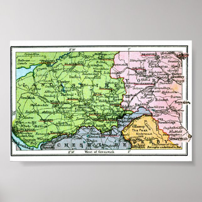 Poster - Mapa Vintage De Yorkshire/Lancashire (Frente)