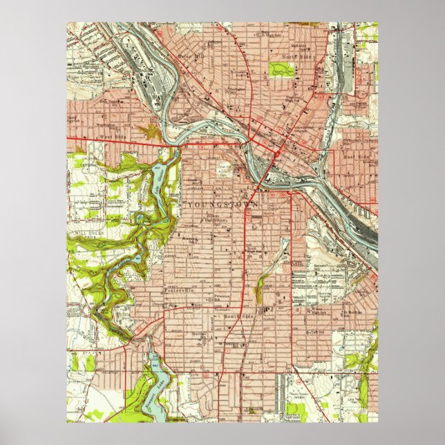 Póster Mapa Vintage de Youngstown Ohio (1951) (Frente)