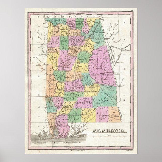 Poster Mapa Vintage do Alabama (1827) (Frente)