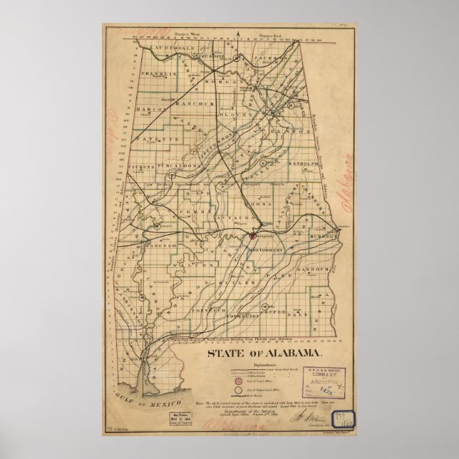 Poster Mapa Vintage do Alabama (1866) (Frente)