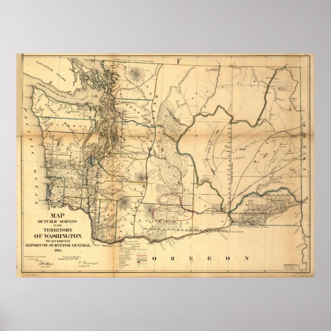 Poster Mapa Vintage do Estado de Washington (1866) (Frente)
