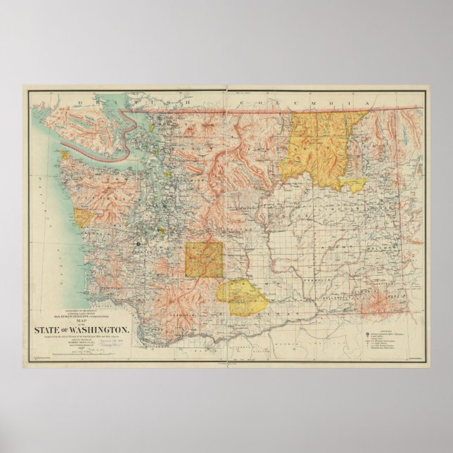 Póster Mapa Vintage do Estado de Washington (1897) (Frente)