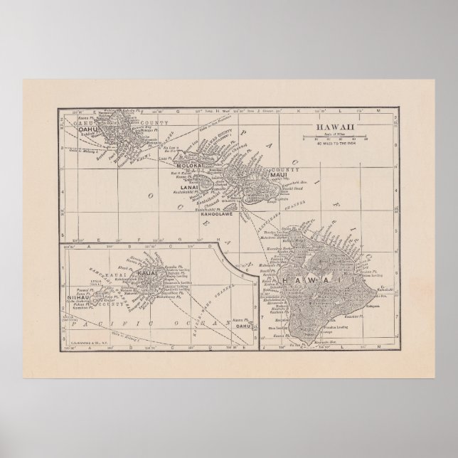 Póster Mapa Vintage do Havaí (Frente)