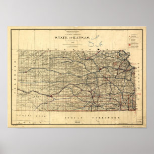Poster Mapa Vintage do Kansas (1884)