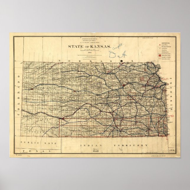 Poster Mapa Vintage do Kansas (1884) (Frente)