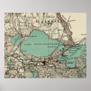 Poster Mapa Vintage do lago Pontchartrain (1887)