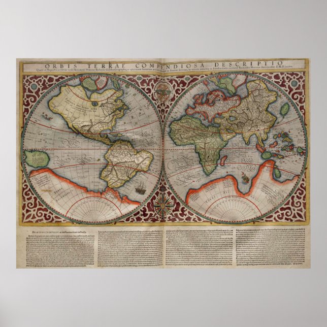 Póster Mapa Vintage do Mundo (1587) (Frente)