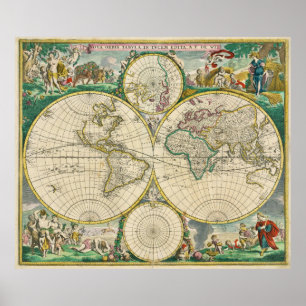 Póster Mapa Vintage do Mundo (1670)