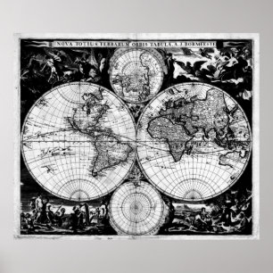 Poster Mapa Vintage do Mundo (1685) Preto e Branco