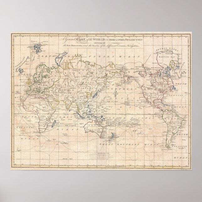 Póster Mapa Vintage do Mundo (1799) (Frente)