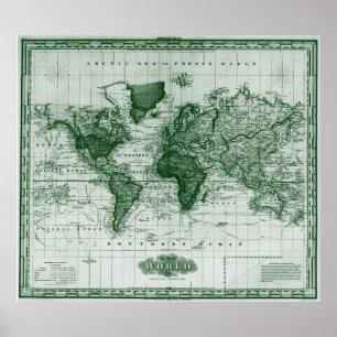Póster Mapa Vintage do Mundo (1833) Branco e Verde