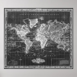 Poster Mapa Vintage do Mundo (1833) Preto e Branco