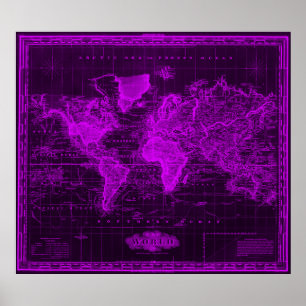 Póster Mapa Vintage do Mundo (1833) Preto e Roxo